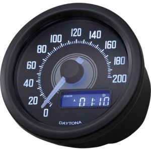 Daytona 'Velona' Tachometer, Abm. 60x45 mm, schwarz (km/h,km Gesamt+Tag, Volt, Uhr, weiße Hintergrundbeleuchtung + LC-Display, e-geprüft)