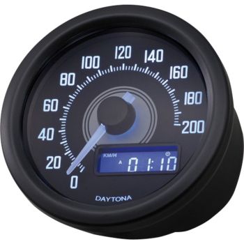 Daytona 'Velona' Tachometer, Abm. 60x45 mm, schwarz (km/h,km Gesamt+Tag, Volt, Uhr, weiße Hintergrundbeleuchtung + LC-Display, e-geprüft)